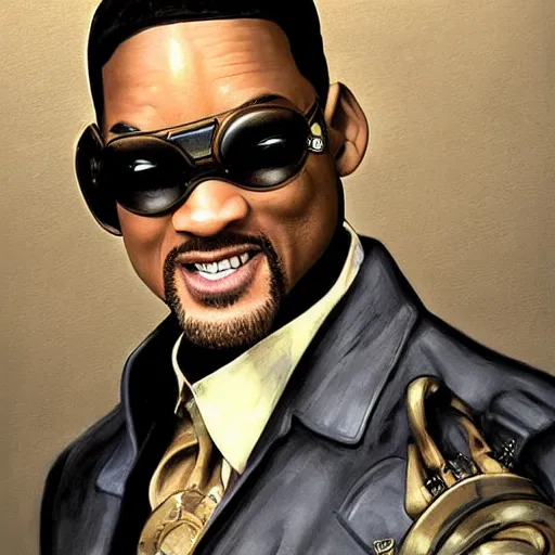 Image similar to will smith wearing big steampunk googles, art by steve henderson