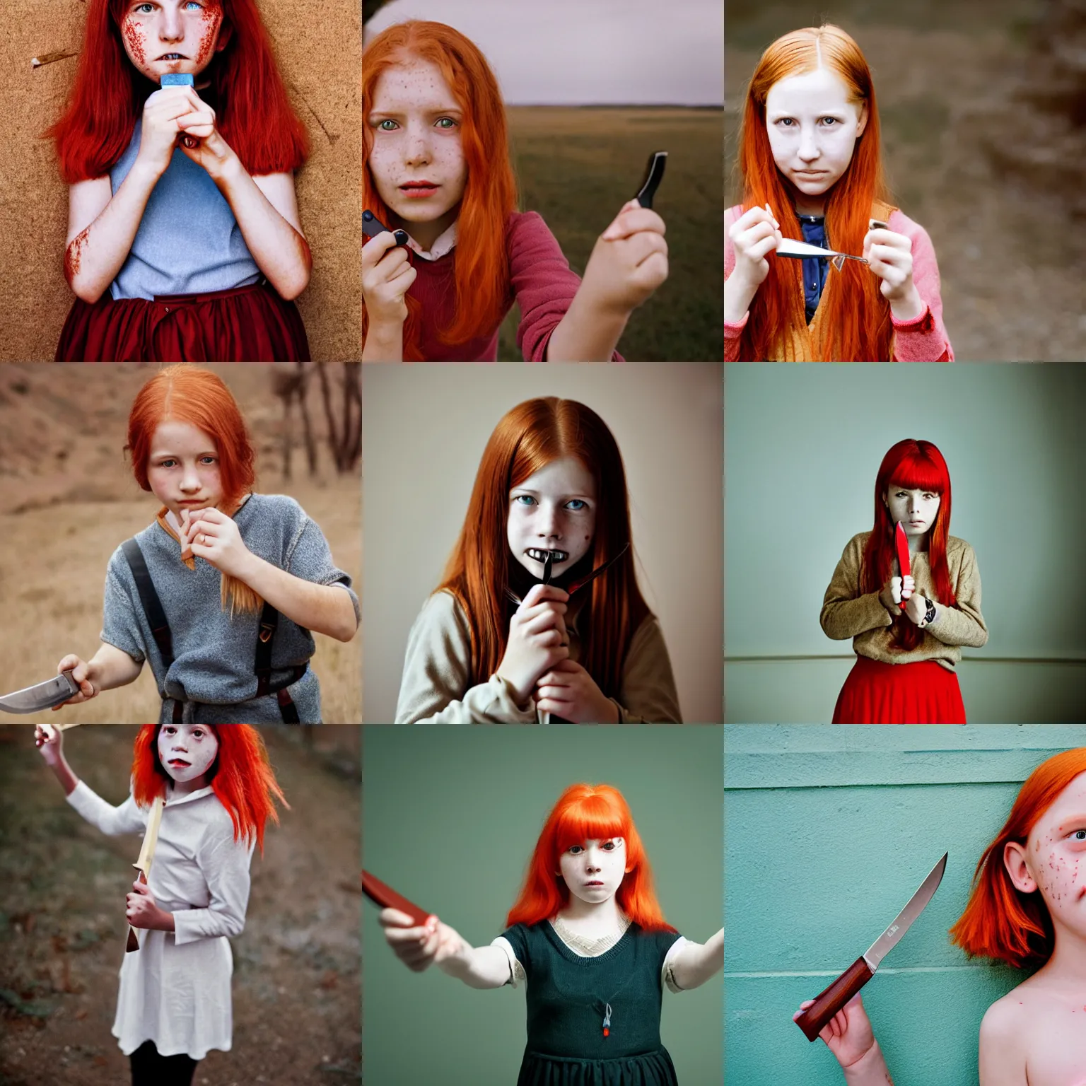 Prompt: photograph of a ten year old girl holding a knife by wes anderson, red hair, freckles
