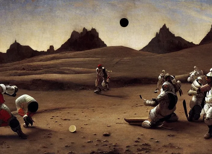 Image similar to a cricket match on the moon by edgar maxence and caravaggio and michael whelan and delacroix style, artistic, intricate painting, cinematic lighting, hyper realistic, extremely detailed, establishing shot, 8 k resolution, dramatic lighting