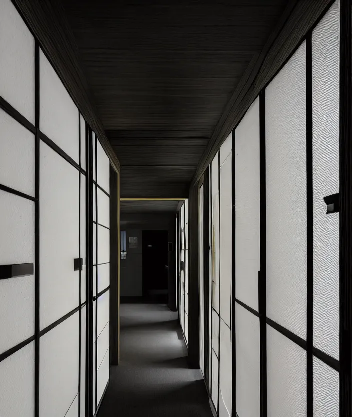 Prompt: spooky photo of a dark hallway of a japanese modern house with open lit doorways, dramatic lighting, smoke, ceiling fluorescent lighting, black and yellow colour palette