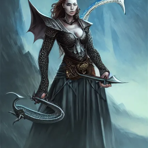 Image similar to a woman holding a sword with a dragon on it, concept art by Ami Thompson, contest winner, fantasy art, official art, concept art, high detail, experimental, high quality, 4k