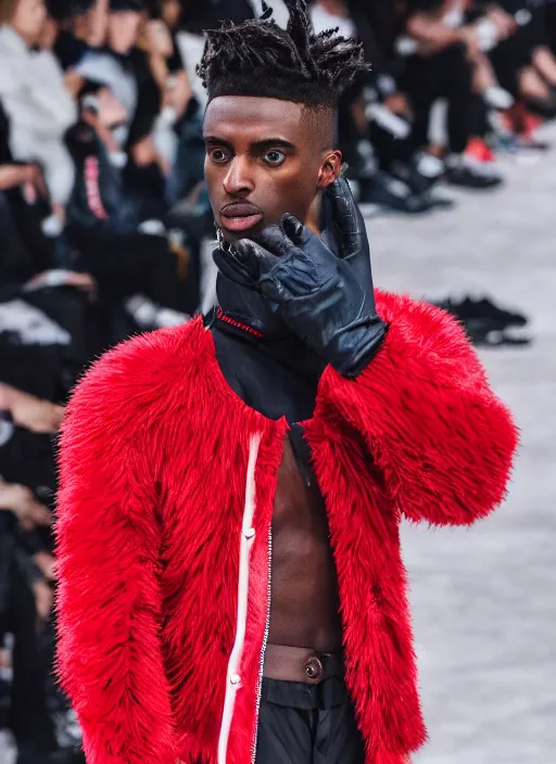 Image similar to hyperrealistic and heavy detailed moncler runway show of whole lotta red by playboi carti, leica sl 2 5 0 mm, vivid color, high quality, high textured, real life