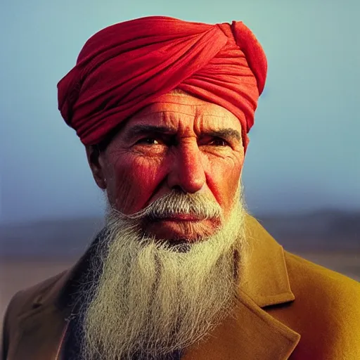 Image similar to portrait of president ronald reagan as afghan man, green eyes and red turban looking intently, photograph by steve mccurry, award winning photo in the national geographic