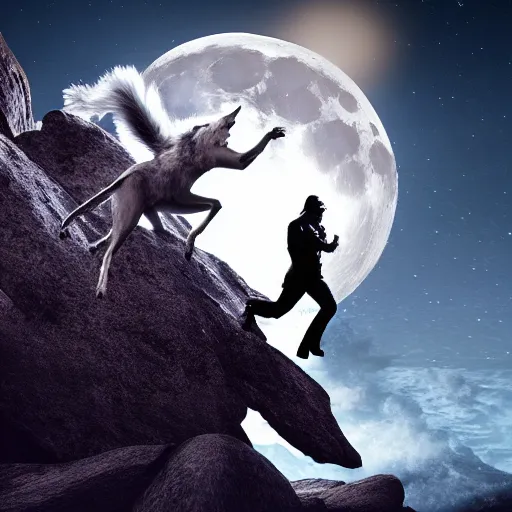 Prompt: Beautiful epic wallpaper worthy cinematography of David Bowie aka Ziggie Stardust, riding a giant silver wolf, while the wolf is on a giant boulder, with a massive moon in the background at night; Unreal Engine Render; 16k high quality