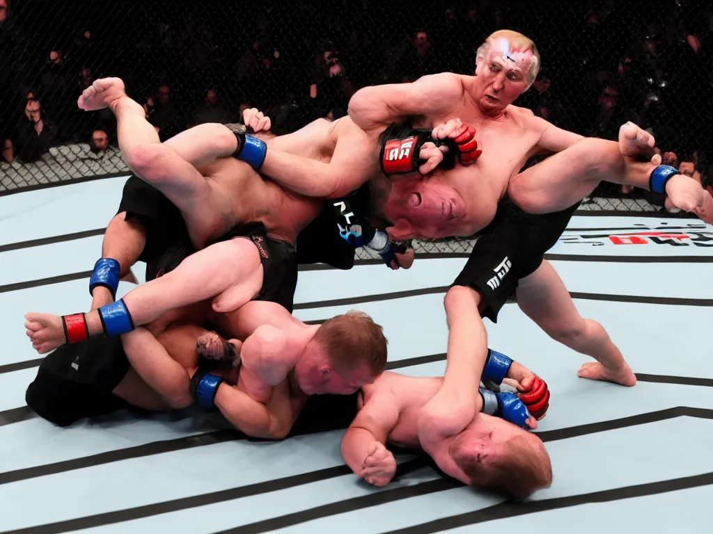 Image similar to a perfect color action photograph of donald trump and vladimir putin fighting in the ufc. guillotine choke. strong lighting. lots of sweat and haematomas.