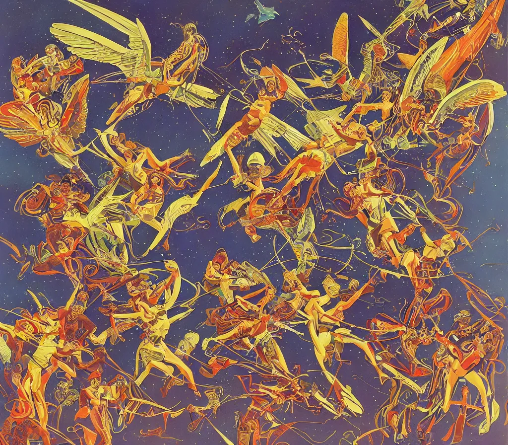 Image similar to sacred angels fighting in the skies of seattle, modernism, gouache, stylised, illustration, by syd mead, mati klarwein, and moebius