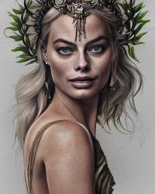 Image similar to realism tattoo sketch of margot robbie as a beautiful greek goddess aphrodite with piercing eyes wearing a laurel wreath and triangle earrings, in the style of greg rutkowski, amazing detail