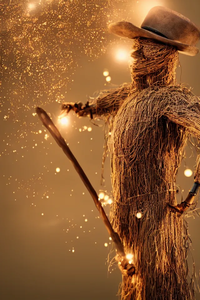 Image similar to beautiful close - up intimate portrait of a big wooden scarecrow, floating particles, sparks, made of wood, octane render, holding a very shiny metallic aluminium rustic axe, bokeh, soft focus, f 1. 8, unreal engine, particles, raytracing