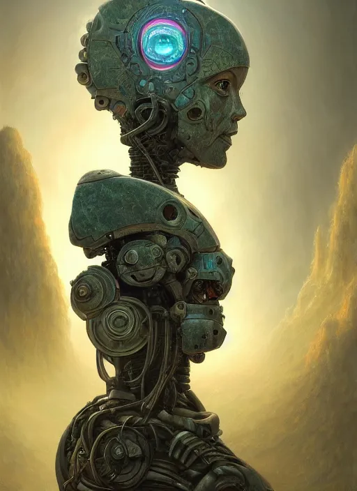 Image similar to Portrait of an Ancient Robot on a clearing, extremly detailed digital painting, in the style of Tomasz Alen Kopera and Fenghua Zhong and Peter Mohrbacher, mystical colors, rim light, beautiful lighting, 8k, stunning scene, raytracing, octane, trending on artstation