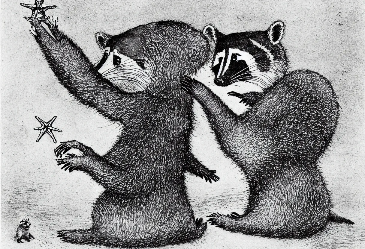 Prompt: one raccoon holding up and looking at a starfish, maurice sendak