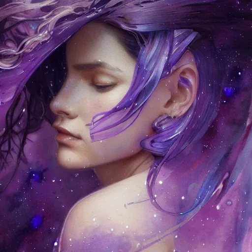 Image similar to Purple blue galaxy, Watercolor, photorealistic, high resolution, award winning, trending on artstation, intricate, elegant, highly detailed, digital painting, artstation, concept art, smooth, sharp focus, illustration, art by artgerm and greg rutkowski and alphonse mucha