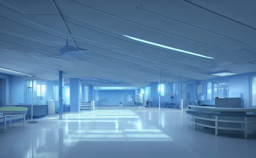 Image similar to a hospital with soft blue lights in the roof, octane render, artstation trending, highly detailded