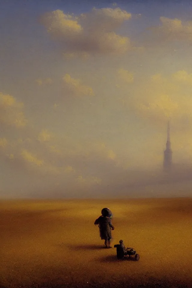 Image similar to the back view of one small robot human on the ground, vast wheat fields, looking at many distant tall buildings far away, by Ivan Aivazovsky, godrays, atmospheric, cinematic, distant world, wide angle, detailed
