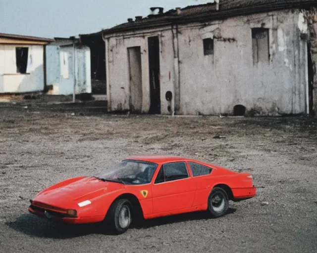 Image similar to a lomographic photo of ferrari standing in typical soviet yard in small town, hrushevka on background, cinestill, bokeh