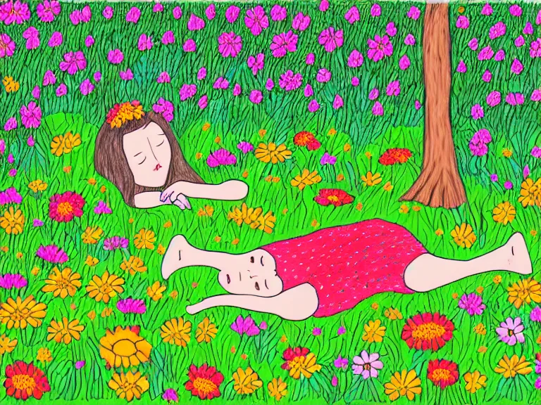 Image similar to drawing of girl laying down in the lawn full of flowers that smells like honey amongst forest with her soul connected to the nature around her. in naive art style