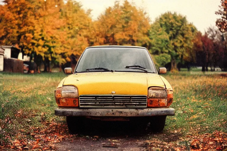 Image similar to a lomographic photo of old lada 2 1 0 7 standing in typical soviet yard in small town, autumn, cinestill, bokeh