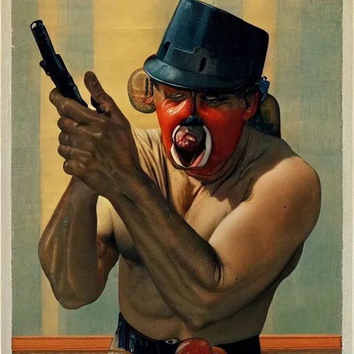 Prompt: hot dog headed man with hard black eyes very scared, rule of thirds, super sharp, 4 k, ultra detailed, norman rockwell, richard corben, epic scope.