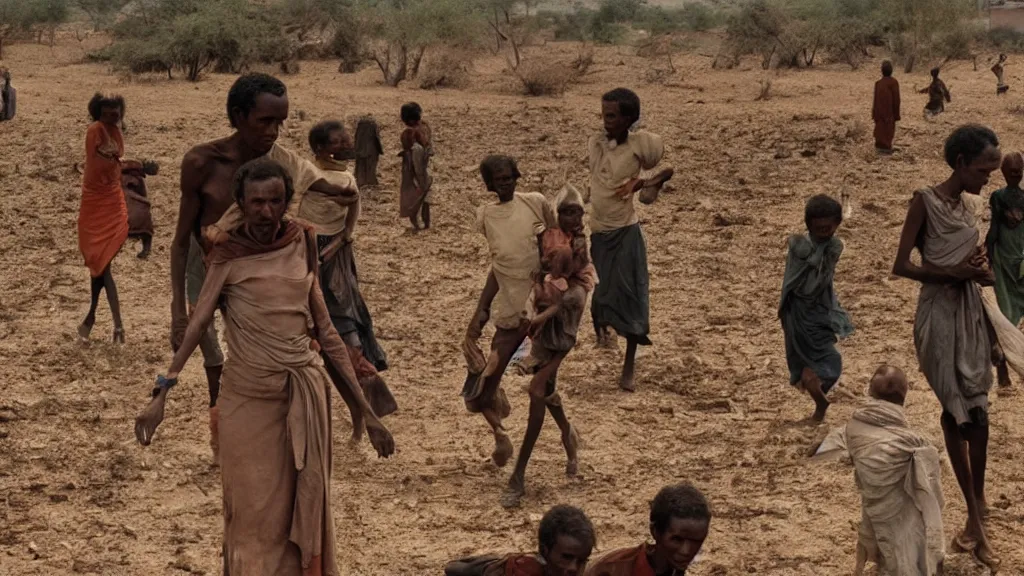 Image similar to 1984 Ethiopian famine and drought, movie scene, illustrative, hd, 4k, wide shot