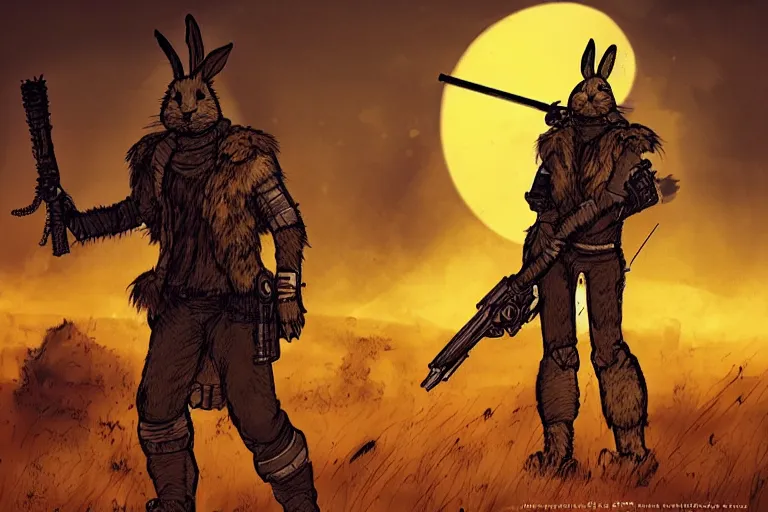 Image similar to a good ol'rabbit fursona ( from the furry fandom ), heavily armed and armored facing down armageddon in a dark and gritty version from the makers of mad max : fury road. witness me.