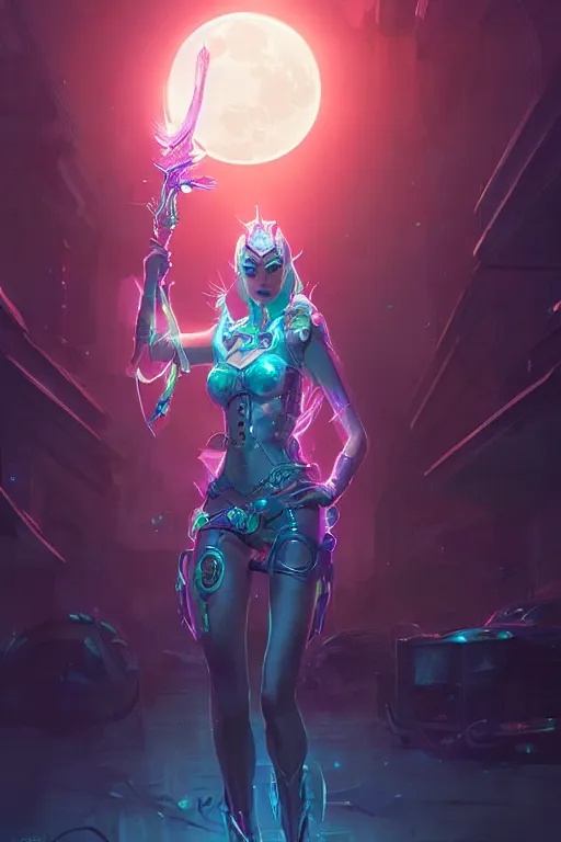 Image similar to diana from league of legends, cyberpunk futuristic neon. holding a moon sword, moon glowing in background decorated with traditional japanese ornaments by ismail inceoglu dragan bibin hans thoma greg rutkowski alexandros pyromallis nekro rene maritte illustrated, perfect face, fine details, realistic shaded, fine - face, pretty face, masterpiece