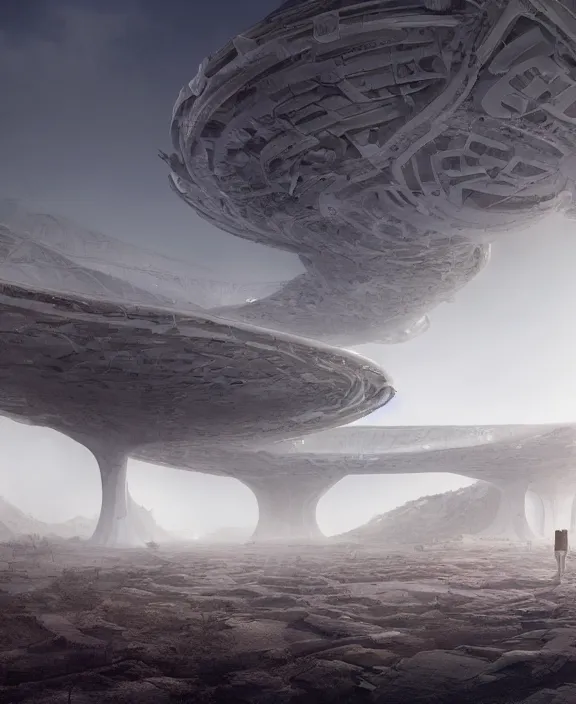 Prompt: surreal futuristic high tech bioremediation architecture in the desert, foggy, highly detailed, digital painting, arstation, concept art, hyperealistic octane render, unreal engine,