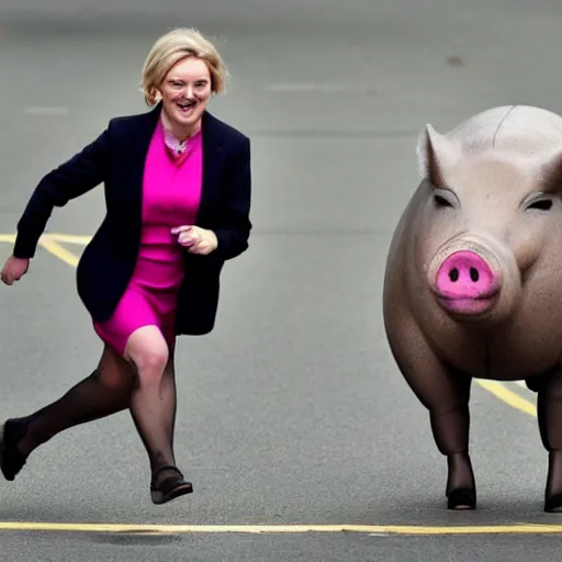 Image similar to liz truss chasing a greased pig