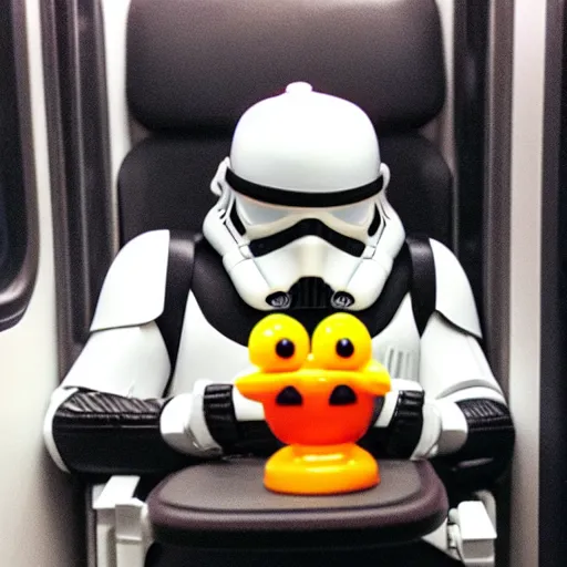 Prompt: of darth vader on his iphone on a train with a small rubber duck sitting next to him looking up at him the rest of the seats are taken up with storm troopers photorealistic
