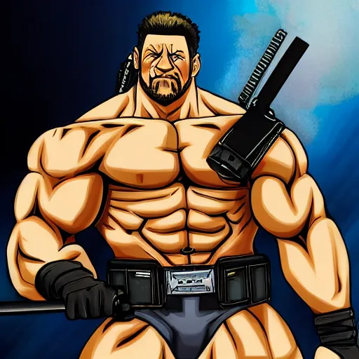 Prompt: anime portrait of dwayne johnson as barret with machine gun arm from final fantasy 7