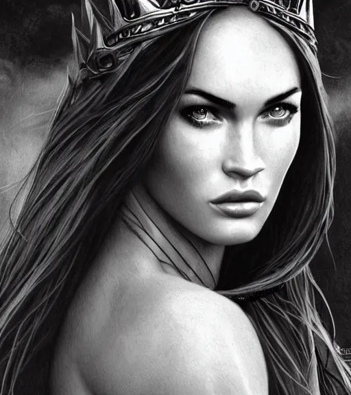 Image similar to portrait of megan fox as beautiful aphrodite goddess as an archer, arrow crown, beautiful piercing eyes, flowing blonde hair, realistic face, black and white drawing, in the style of greg rutkowski, fantasy, amazing detail, epic, intricate, elegant, smooth, sharp focus