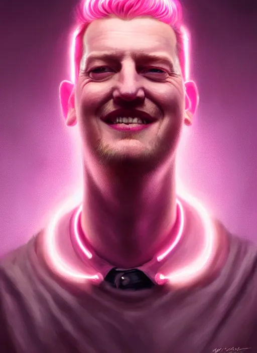 Image similar to portrait of josh homme, realistic, smile, ugly, defined jawline, big chin, pink hair bow, intricate, elegant, glowing lights, highly detailed, digital painting, artstation, sharp focus, illustration, art by wlop, mars ravelo and greg rutkowski