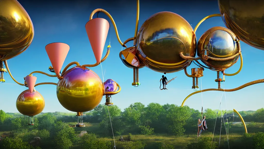 Image similar to large colorful futuristic space age metallic steampunk balloons with pipework and electrical wiring around the outside, and people on rope swings underneath, flying high over the beautiful countryside landscape, professional photography, 8 0 mm telephoto lens, realistic, detailed, digital art, unreal engine