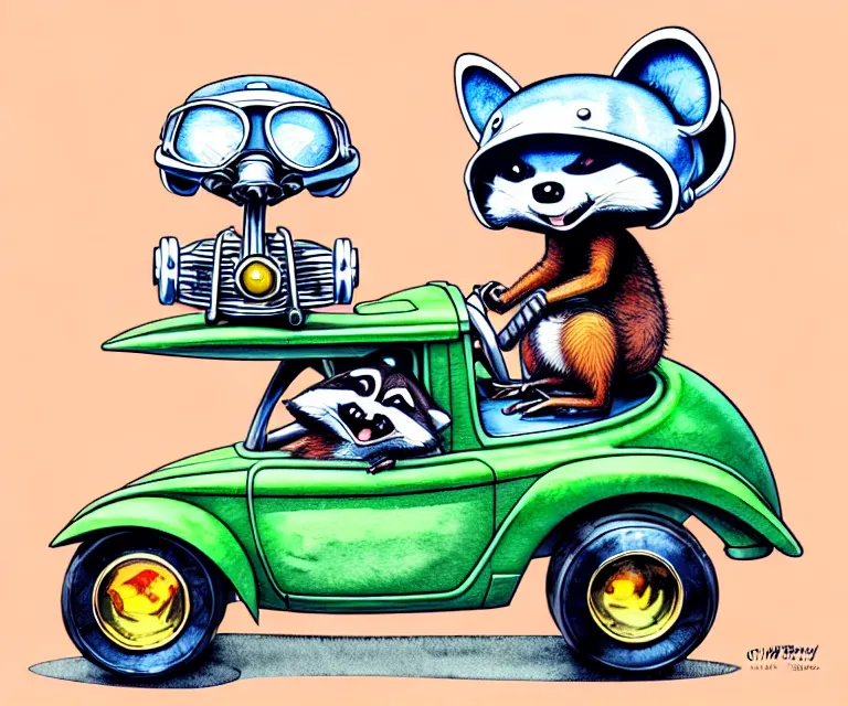 Prompt: cute and funny, racoon wearing a helmet riding in a tiny hot rod with oversized engine, ratfink style by ed roth, centered award winning watercolor pen illustration, isometric illustration by chihiro iwasaki, edited by range murata, tiny details by artgerm and watercolor girl, symmetrically isometrically centered, sharply focused