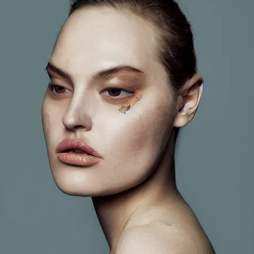 Image similar to a muted colors natural make-up portrait Photograph of a plus-size model, editorial story, Vogue France, editorial photographer by Peter Gehrke