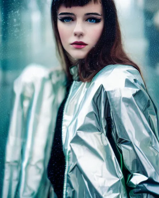 Image similar to detailed portrait kodak portra 800; grainy film European Pretty Young Girl Storm Rain bladerunner movie Reflective jacket coat, Futuristic sci-fi fashion, royal attire Perfect face, fine details, realistic shaded, fine-face, pretty face