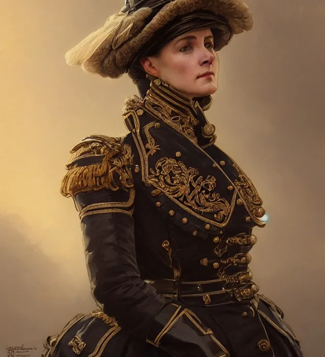 Prompt: portrait of a prussian woman wearing an organge traditional nineteenth century military jacket, metal shoulder pauldrons, intricate, highly detailed, digital painting, artstation, concept art, sharp focus, cinematic lighting, illustration, art by artgerm and greg rutkowski, alphonse mucha, cgsociety