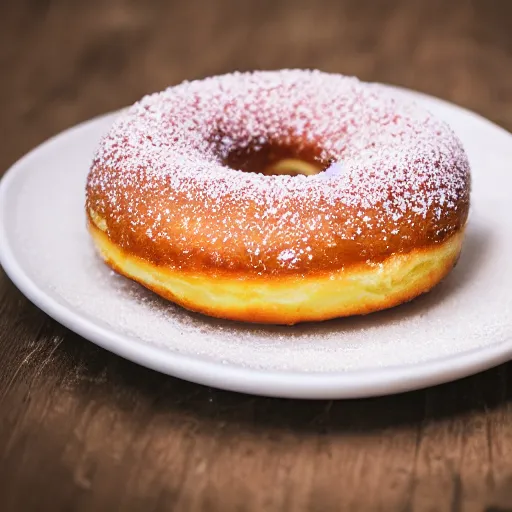 Prompt: a delicious donut sitting on a plate, food shot