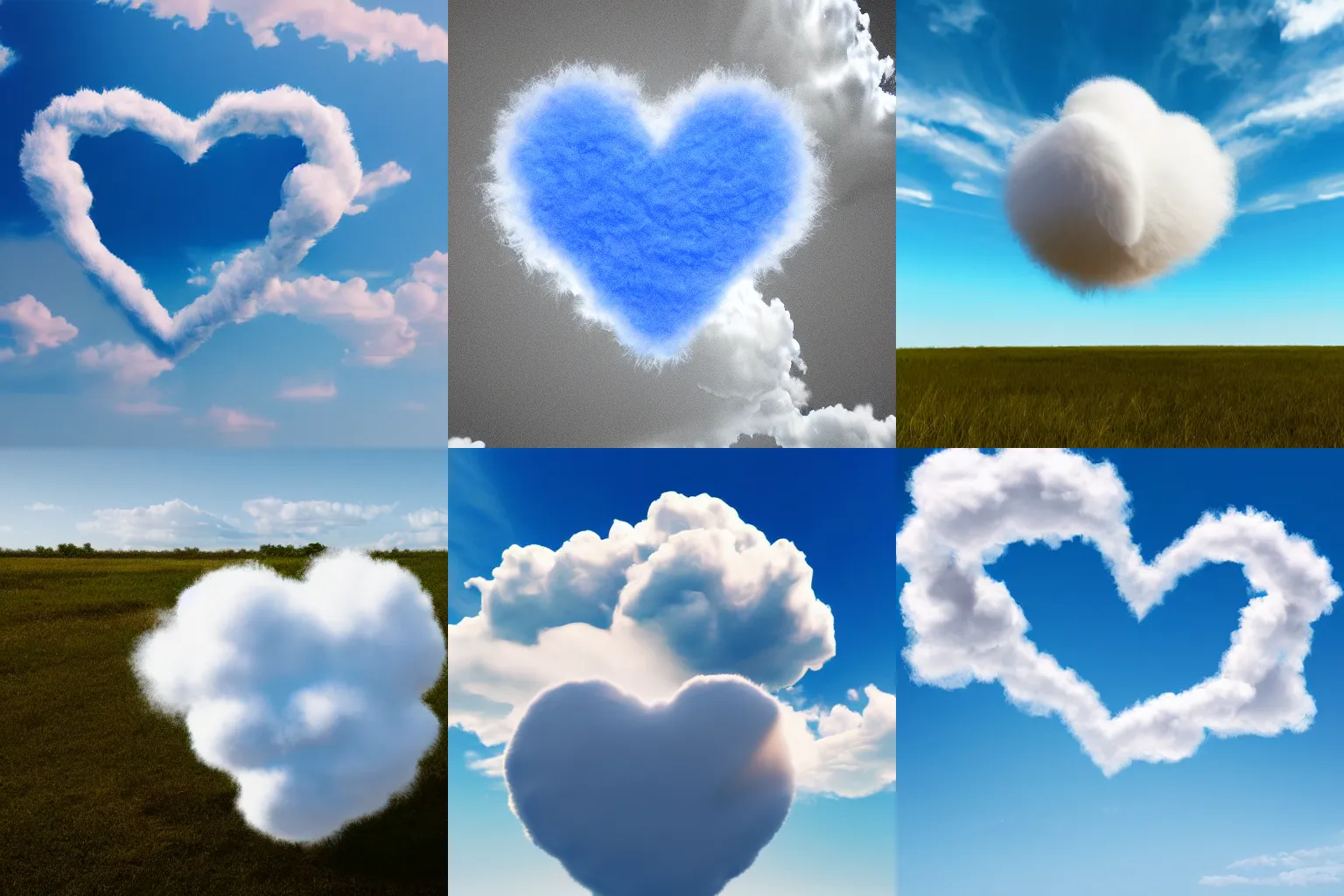 Prompt: beautiful fluffy cloud in shape of heart on clear blue sky, epic. 1 0 0 mm, sunny day, hyper realism, photo, realistic, soft, volume light, sss, octane render