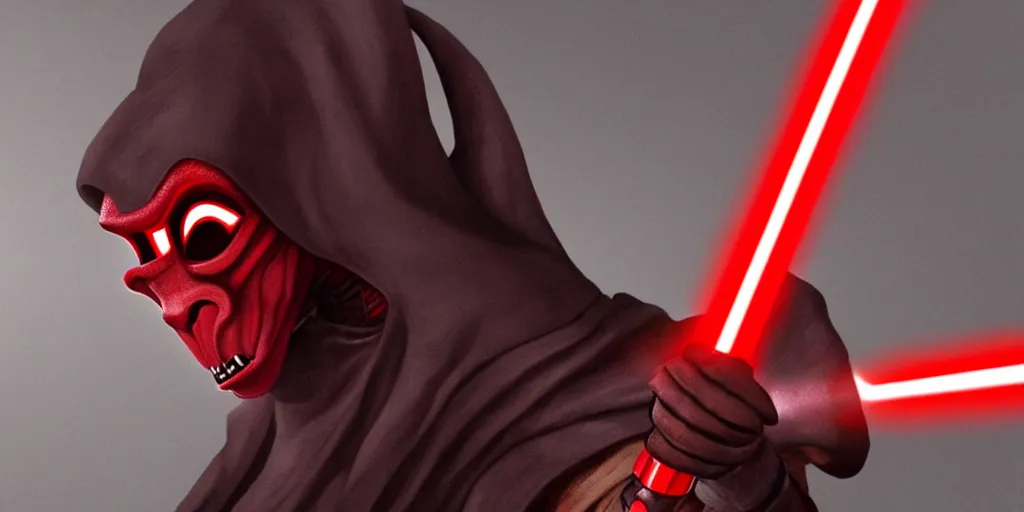 Image similar to jar jar binks as a sith lord, holding a red lightsaber, in the style of artstation