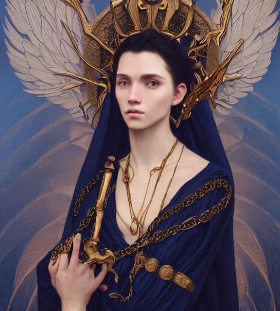 Image similar to god of death, young man, in the underworld, elegant dark blue dress, very detailed, throne, very intricate details, jewelry, gold tattoos, elaborate long black hairstyle, wings, cinematic, artstation, william bouguereau, alphonse mucha, greg rutkowski, rossdraws, octane render