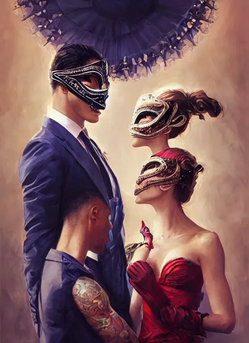 Image similar to a beautiful couple, a man and a woman, wearing elaborate masquerade masks and matching clothing, looking at each other with an alluring expression. painting by artgerm and greg rutkowski and magali villanueve