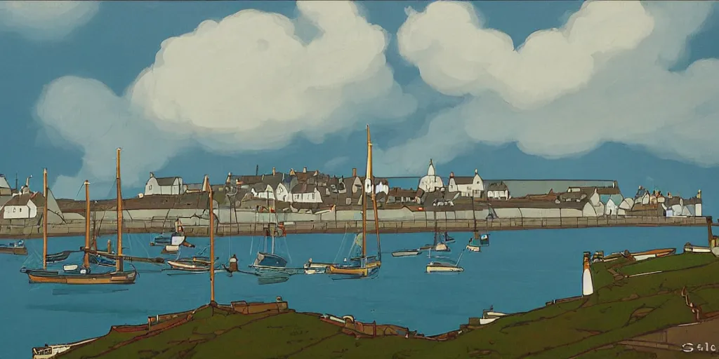 Prompt: a painting of the harbour at Stromness, orkney islands, small houses, boats, sea, stormy clouds, by studio Ghibli