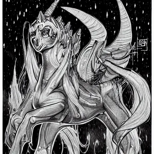 Image similar to detailed black and white science fiction painting of my little pony in the style of h r giger and wayne barlowe