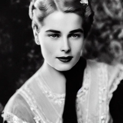 Image similar to edwardian photograph of a mix of grace kelly and emilia clarke, 1 9 0 0 s, 1 9 1 0 s, grainy, slightly blurry, faded, realistic face, elegant, graceful, vintage hollywood star