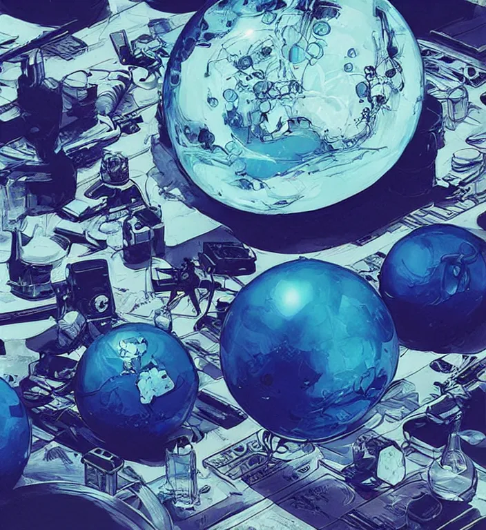 Image similar to a blue ball on a table, digital illustration by Ash Thorp and Katsuhiro Otomo