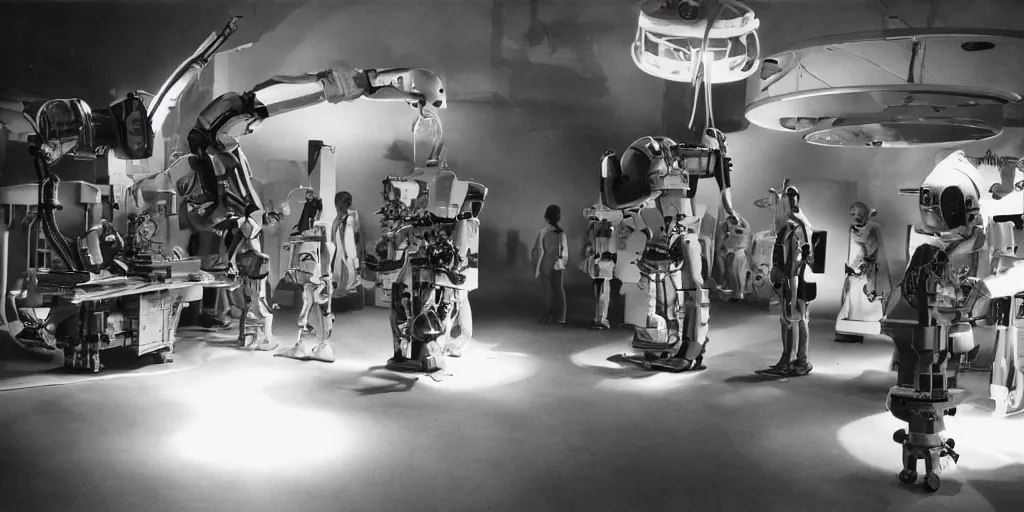 Prompt: a futuristic film studio with robot technicians preparing a scene with frightened human beings by Stanley kubrick, sci-fi, color vibe, reimagined by industrial light and magic