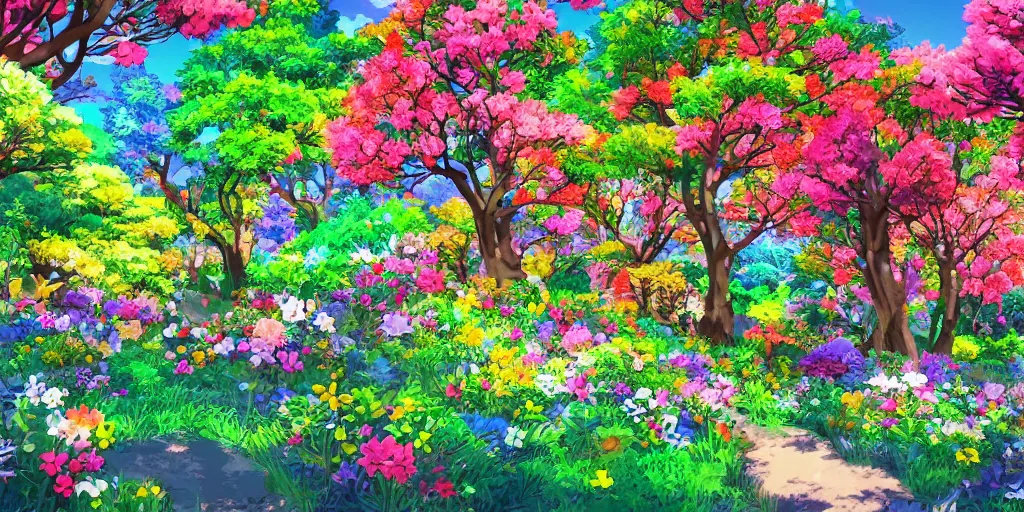 Image similar to a beautiful landscape of multi coloured flowers, trees and bushes. Anime style.