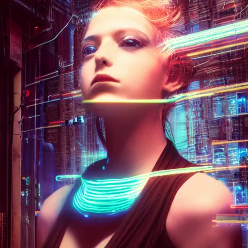 Image similar to kodak portra 4 0 0 long exposure photo portrait of a beautiful cyberpunk woman, cyberpunk dreaming, wires machines, in style of antoine d'agata,, highly detailed, sharp focus, octane render, ethereal, otherworldly colors, atmospheric, soft light, dreamy, volumetric lighting unreal engine, epic fantasy