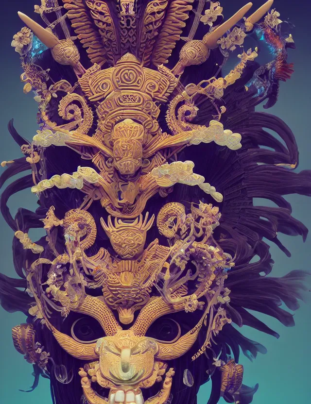 Image similar to 3 d goddess close - up profile portrait aztec with ram skull. beautiful intricately detailed japanese crow kitsune mask and clasical japanese kimono. betta fish, jellyfish phoenix, bio luminescent, plasma, ice, water, wind, creature, artwork by tooth wu and wlop and beeple and greg rutkowski