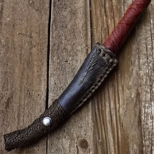 Image similar to “primitive bone dagger with leather cord wrapped around the handle”