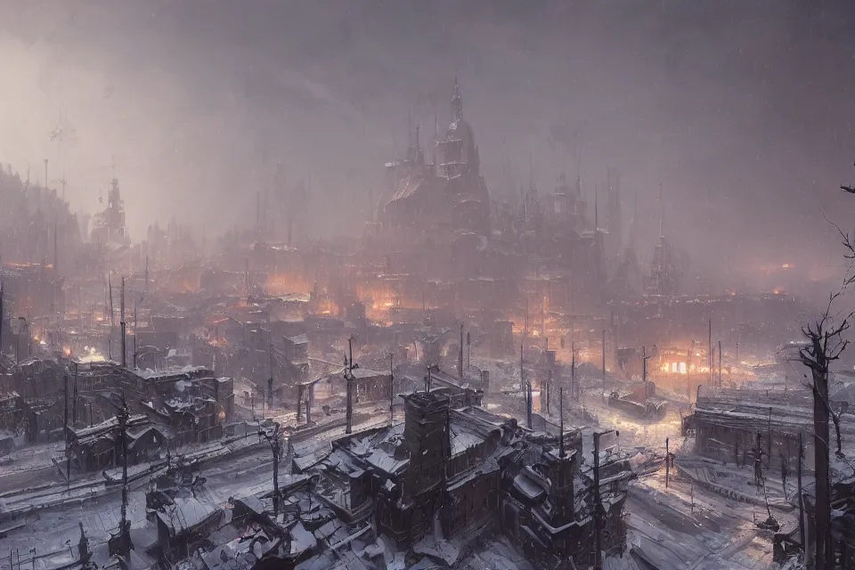 Image similar to highly detailed painting of dieselpunk stockholm, winter, snow, dystopia, by greg rutkowski, by raphael lacoste, 4 k resolution, trending on artstation